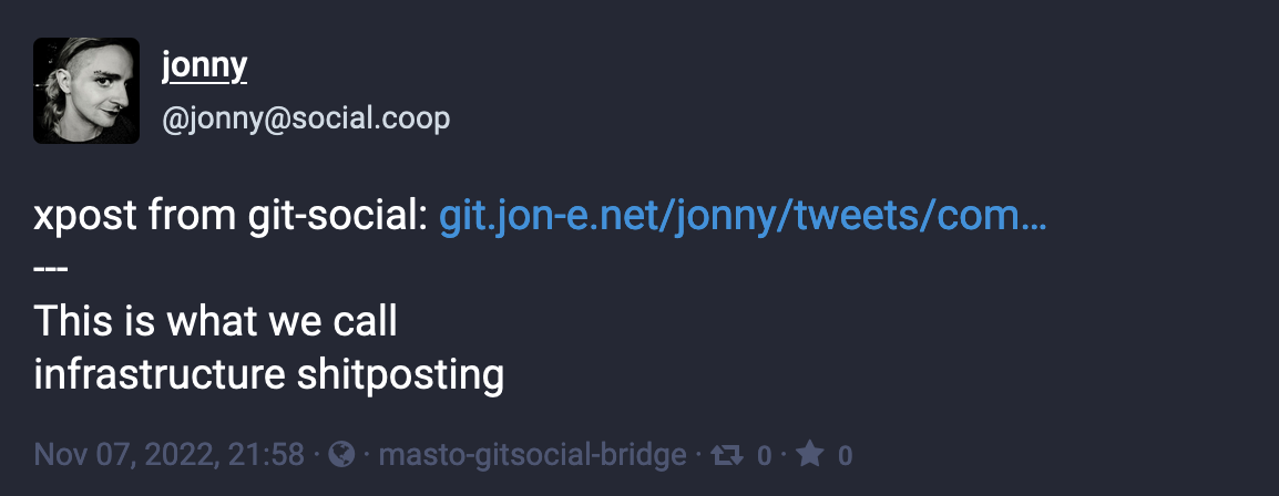 Post on mastodon, same text but with link to the git commit